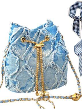 Denim Bucket Bag Quilted Drawstring Denim Purses for Women with 2 Fashionable Ha